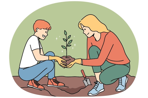 Caring young mother and son planting tree together Smiling mom and child put seedling in ground care about nature and environment Vector illustration