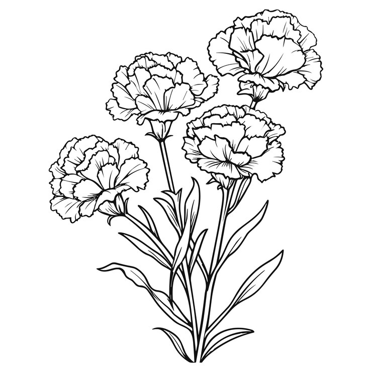 カーネーション ライン アート ベクトル イラスト セット白で隔離花黒インク スケッチ モダンなミニマリスト手描きのデザイン