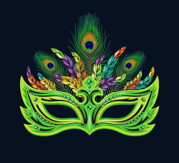 Vector carnaval groen masker versierd met kralen bundel kleurrijke veren gedetailleerde illustratie in vintage stijl