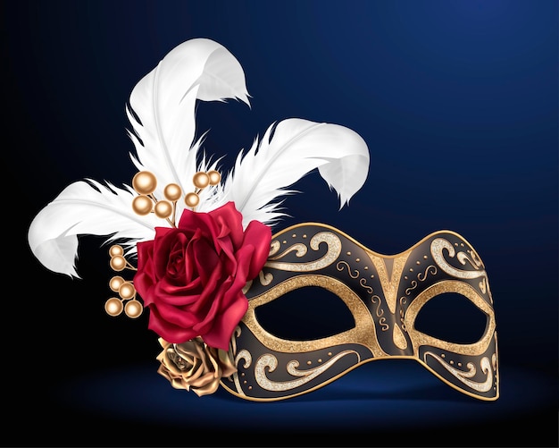 Vector carnaval mooi masker met veren en rozen in 3d illustratie