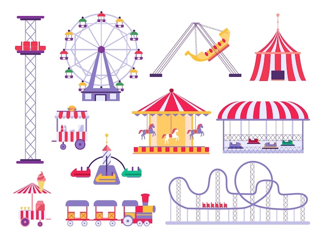 Carnaval park attractie rit trein achtbaan en paard carrousel Amusement eerlijke tent auto's en schommels Cartoon festival vector set