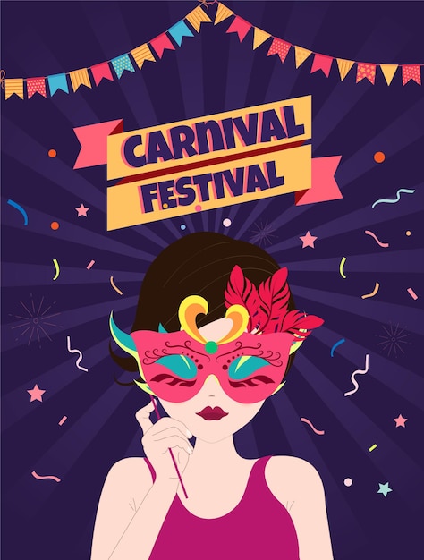 carnavalsfestival, carnavalsfeestposter, spandoek of flyer. Meisje met carnaval masker.