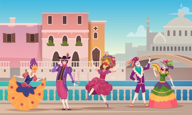Вектор Карнавальный фон венецианские развлекательные персонажи, танцующие в красивых костюмах и масках точный векторный цветной шаблон иллюстрация развлекательного праздника