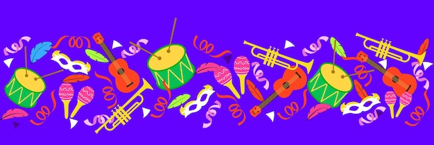 Карнавальный фон с укулеле, барабаном, трубой, маской, перьями, маракасами и серпантином. Вектор