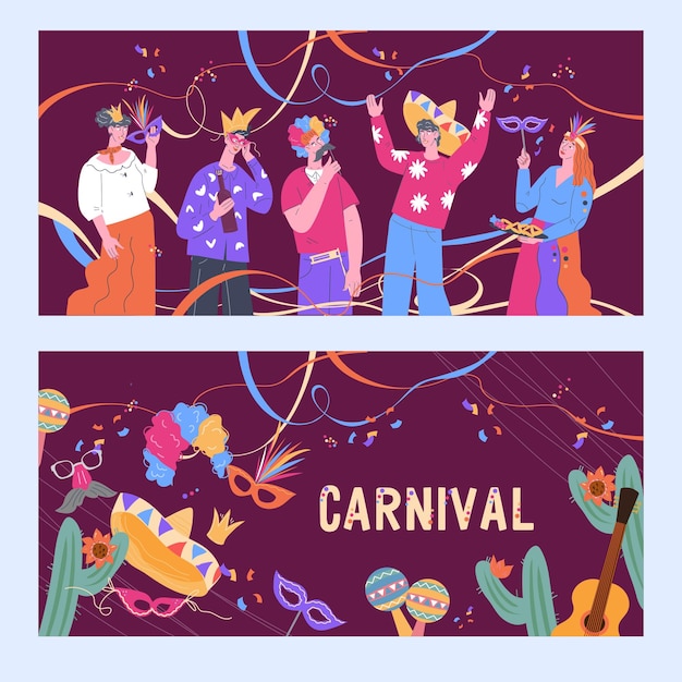 Banner di carnevale con persone che si divertono in maschere illustrazione vettoriale piatta purim o carnevale brasiliano mardi gras festival banner o volantini