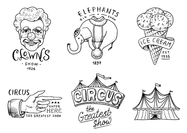 Carnival Circus-badge. Spandoek of poster met dieren. clown en olifant, ijs en focus, magie in de tent. festival met acteurs. gegraveerd embleem hand getrokken. amusement, theater en feesttent.