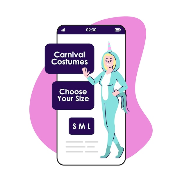 Carnival costumes smartphone app screen. Unicorn suit. Animal clothing for rent. Mobile phone display, cartoon characters design mockup. Online store application telephone interface