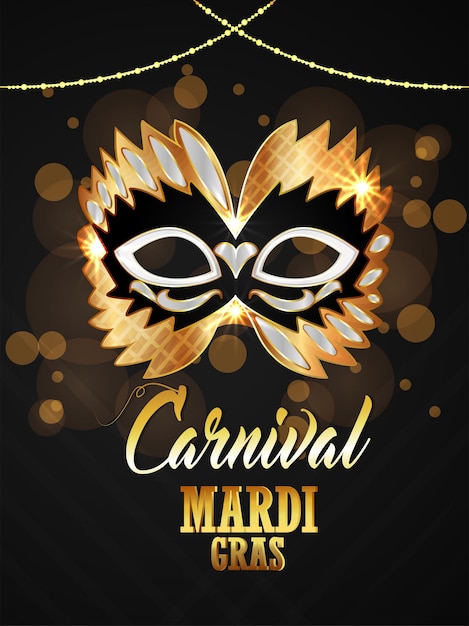 Carnival decorative invitation greeting card with vector illustration of golden mask