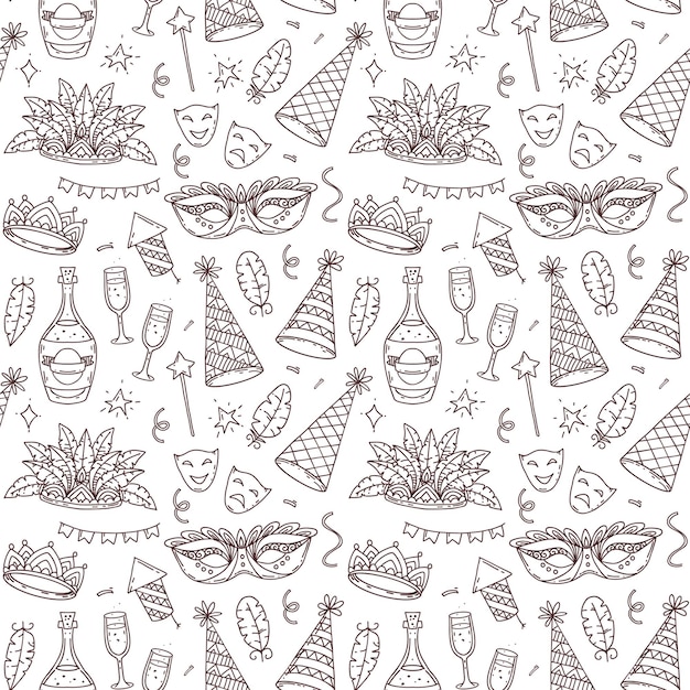 Carnival elements and symbols symbols, seamless pattern in doodle style, decoration elements