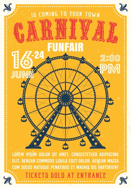 Vector carnival, funfair colored poster in flat style with ferris wheel from amusement parks