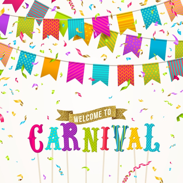 Carnival invitation with multicolored flag garland.