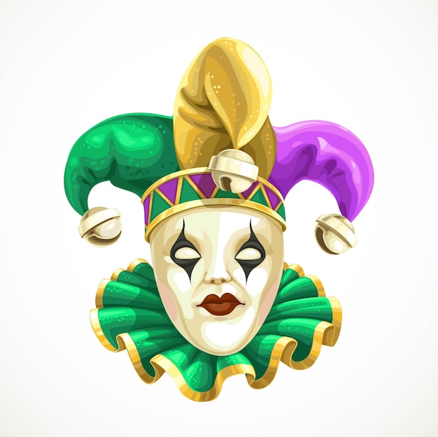 Карнавальная маска в дурацкой кепке с колокольчиками марди гра на белом фоне