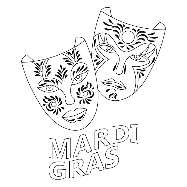 Carnival masks, Carnival, Mardi Gras, sketch, line art. Illustration for coloring, vector