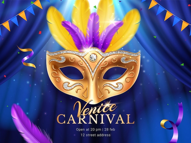 Carnival or masquerade colombina golden mask at mardi gras parade banner