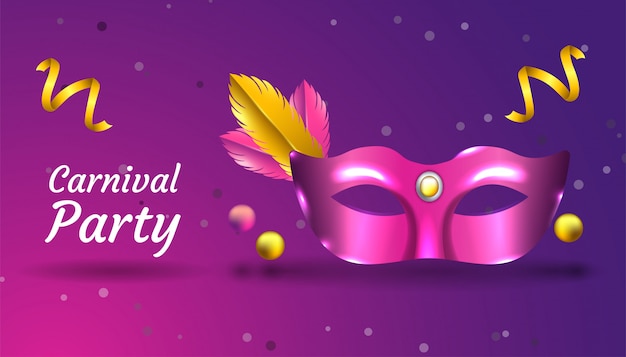 Carnival Party background with realistic mask, ribbon and feather, in pink and gold color