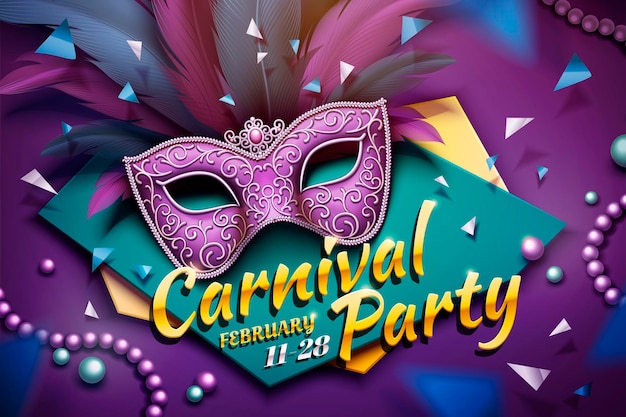 Carnival party design with decorative mask and beads in 3d illustration