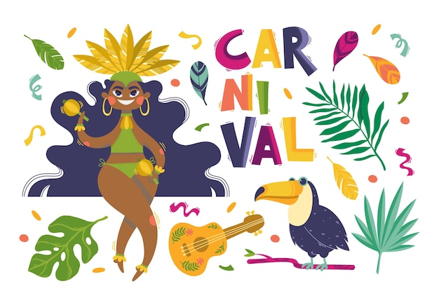 Carnival samba girl, lettering, tropical leaves, feathers, toucan and guitar colorful vector element