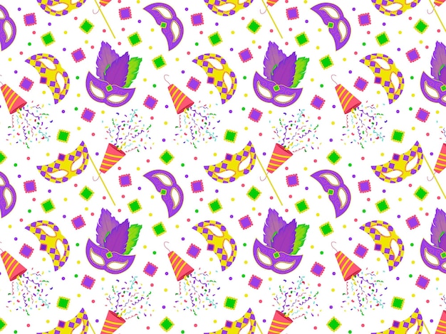 Vector carnival seamless pattern colorful pattern with masquerade masks, confetti and feathers