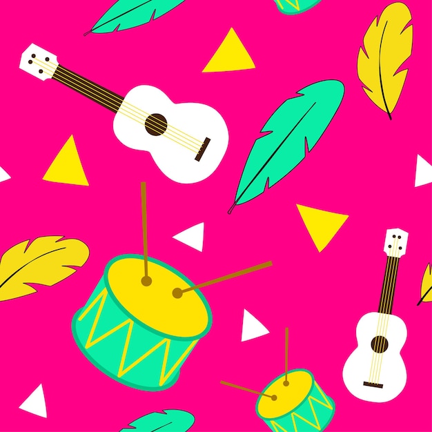 Carnival seamless pattern. Vector illustration with ukulele, feather and drum.