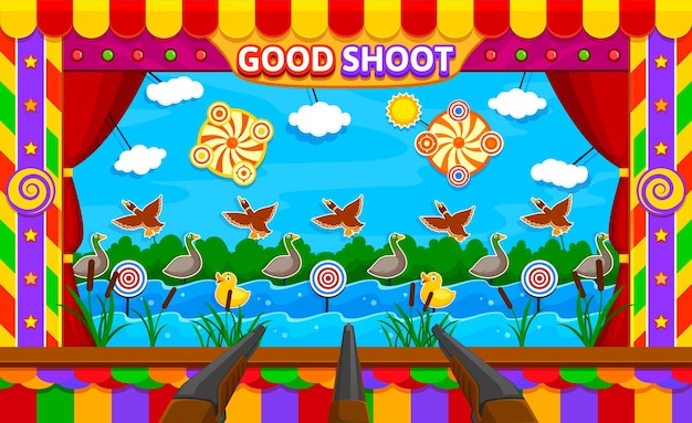 Vector carnival shoot game amusement park booth cartoon vector duck hunt funfair or circus shooting fairground entertainment small stall with drake birds targets pond with waves and rifle guns in row