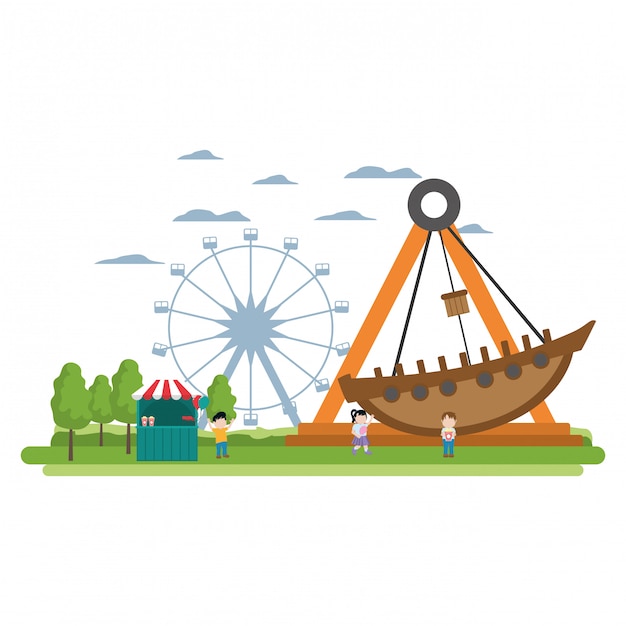 Vector carnival shop with children and mechanical ship ride