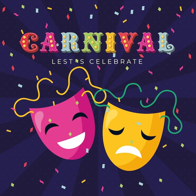 Carnival theatre masks with streamers over dark background