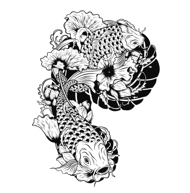 Vector carp fish with lotus vector tattoo by hand drawing