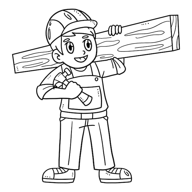 Vector carpenter carrying plywood isolated coloring page