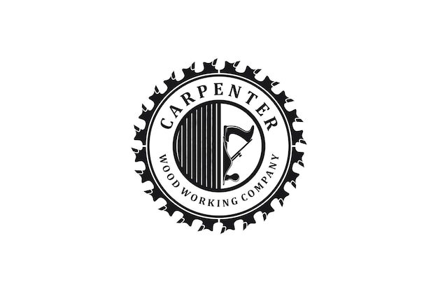 Carpenter cirkelvormige zaag met hout vlak gereedschap logo ontwerp vintage badge stijl