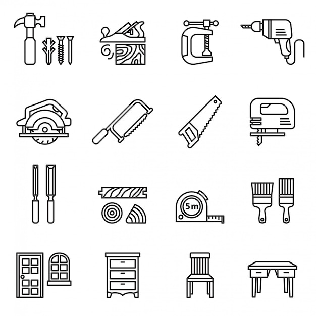 Vector carpenter elements or woodworker icon set with white background. thin line style stock vector.