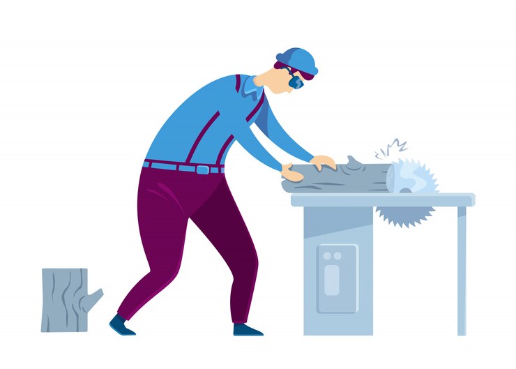 Vector 목수 플랫 컬러 얼굴없는 캐릭터. 장인 작업 과정. 전기 기계와 handyworker입니다. 원형 톱으로 작성기. 목공에 남자입니다. 집 수리 격리 된 만화 일러스트 레이 션