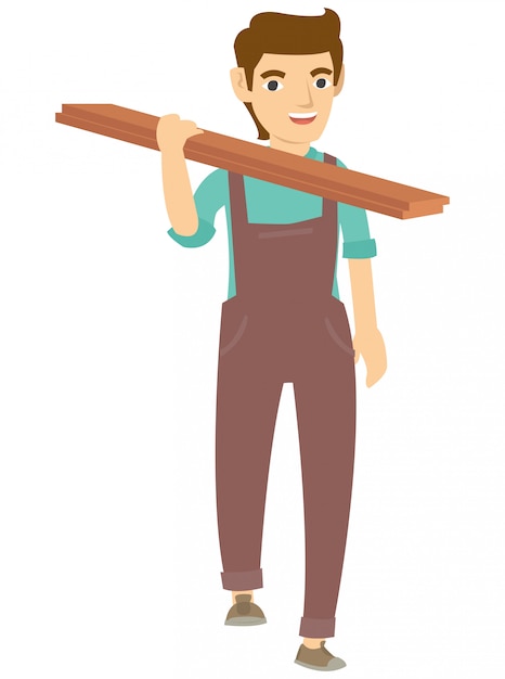 A carpenter holding the wood on the shoulder