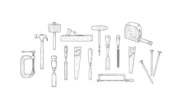 Vector carpenter tools handdrawn collection