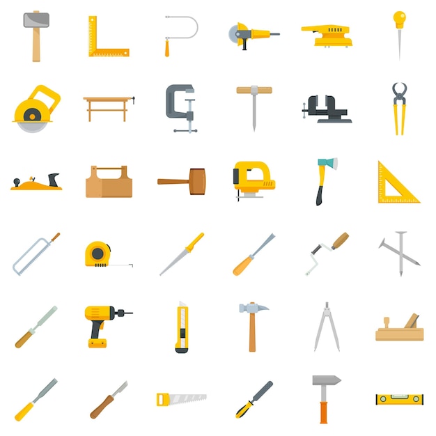 Vettore set di icone degli strumenti del falegname. set piatto di icone vettoriali per strumenti da falegname isolate su sfondo bianco