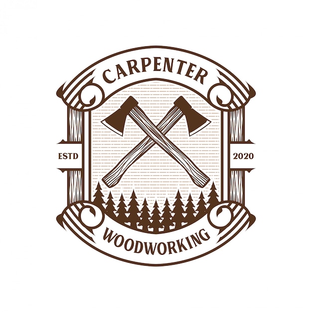 Vector carpenter vintage logo with hammer and chisel element for brand label