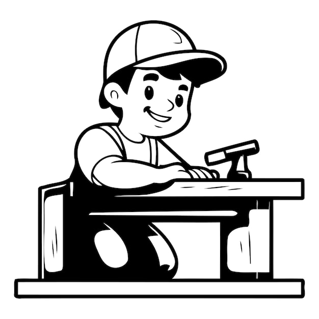 Vector carpenter working on a wooden bench vector cartoon illustration