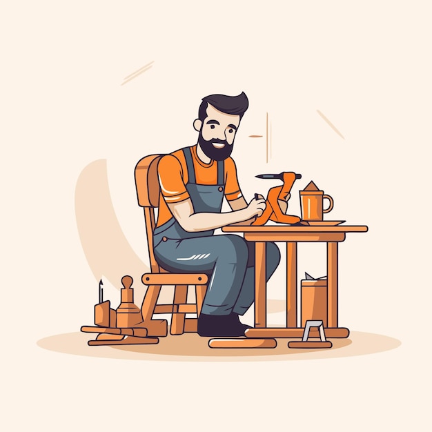 Vector carpenter working on a wooden table vector cartoon illustration