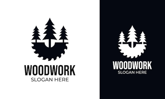 Carpentry logo design with saw and pine tree concept for woodworking