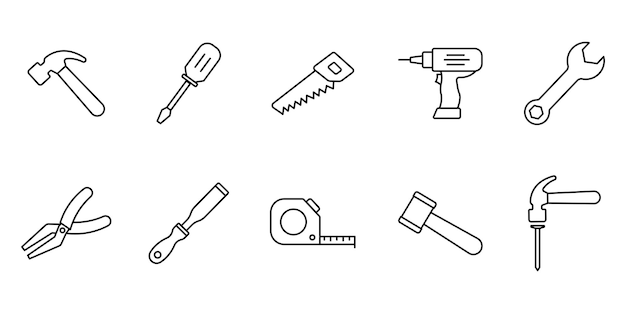 Carpentry set icon Icon related to handyman tools Contains icons hammer screwdriver saw drill etc Line icon style Simple vector design editable