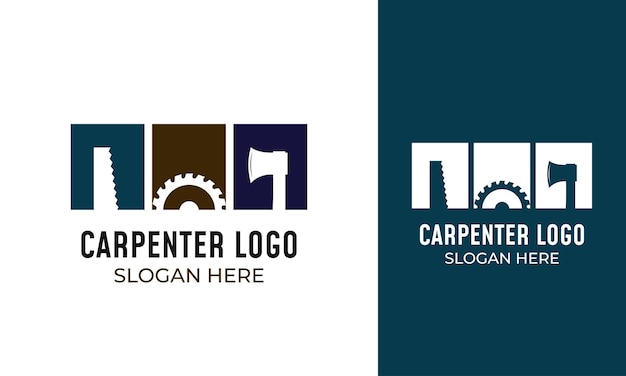 Carpentry tools logo design with handsaw ax and saw icon for carpenter identity