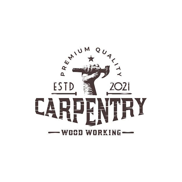 Carpentry or woodworker logo with an illustration of hammer and wood planer