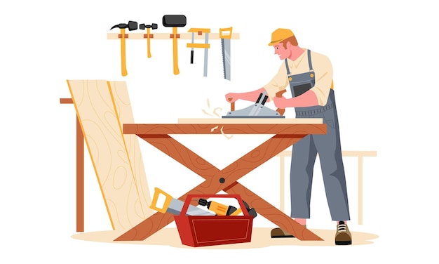 Carpentry workshop Cartoon carpenter character sawing wood board making wooden furniture craftsman timber with tools woodworking in studio Vector illustration