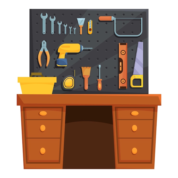 Vector carpentry workshop interior with tools hanging on wall