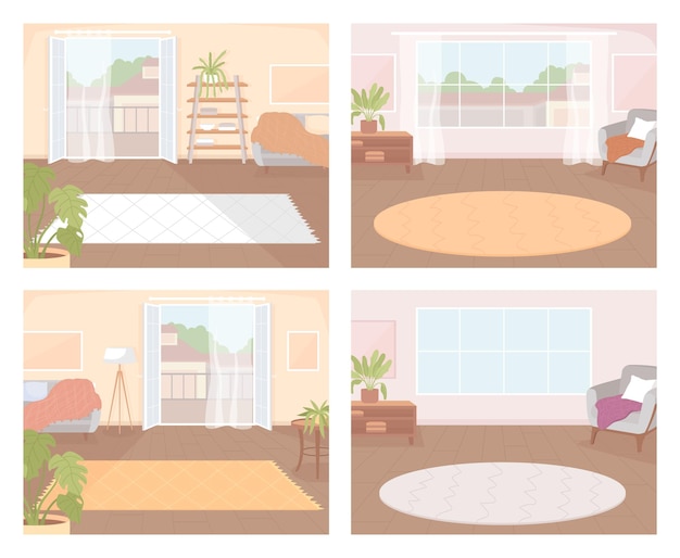 Carpet in hotel room decoration flat color vector illustrations set