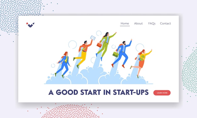 Carrière Boost Opstarten Succes Landing Page Template Business Characters Takeoff met Jet Pack of Rocket on Back