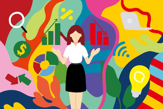 carrière vrouw illustratie met abstracte kleurrijke business graphics