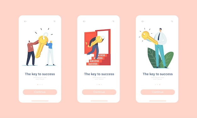 Carrièreboost, zakelijke taakoplossing mobiele app-pagina onboard-schermsjabloon. kleine zakelijke personages dragen een enorme sleutel om de deur te ontgrendelen. motivatie tot succesconcept. cartoon mensen vectorillustratie