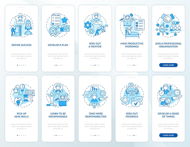 Carrièreontwikkeling blauwe onboarding mobiele app-paginaschermset