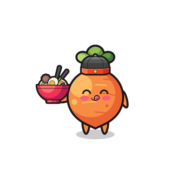 Carrot as Chinese chef mascot holding a noodle bowl