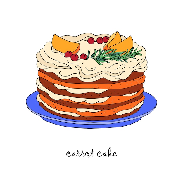 Carrot cake decorated with orange slices, berries and a sprig of rosemary black and white sketch